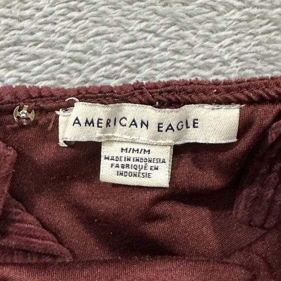 American Eagle Dress Women's Medium Corduroy Maroon Red Sleeveless Jumper Bib - Picture 2 of 11